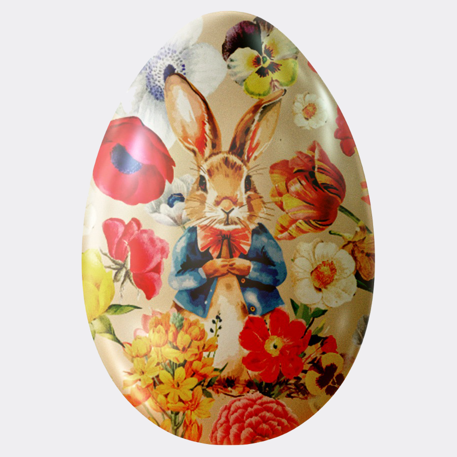 Decorative Easter egg with a rabbit and floral design on a white background