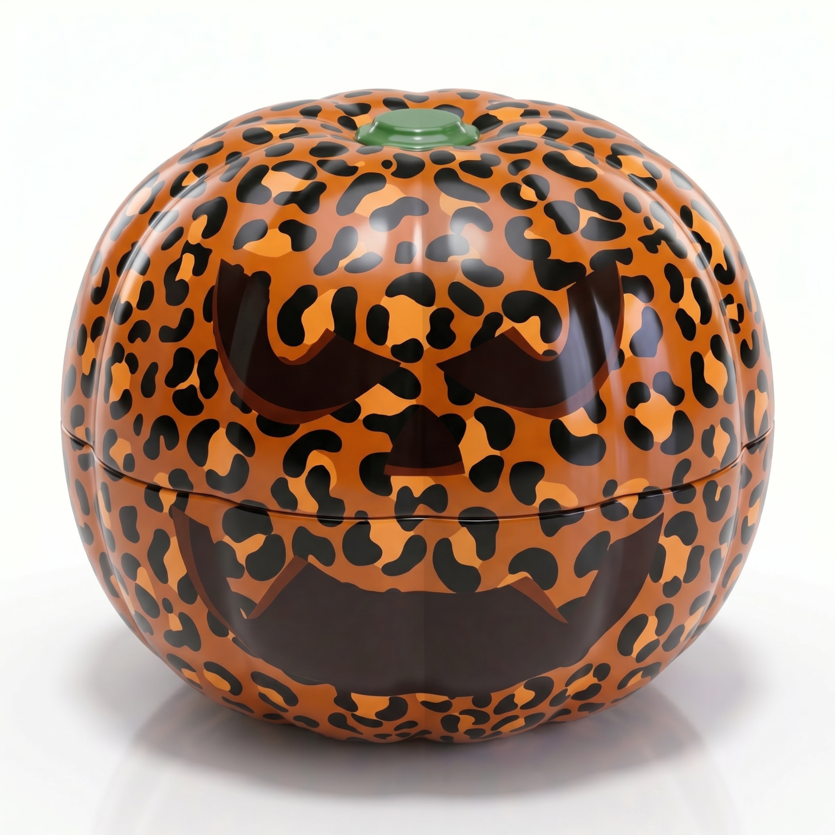 Reusable tin pumpkin in leopard print with a spooky pumpkin face against a white background