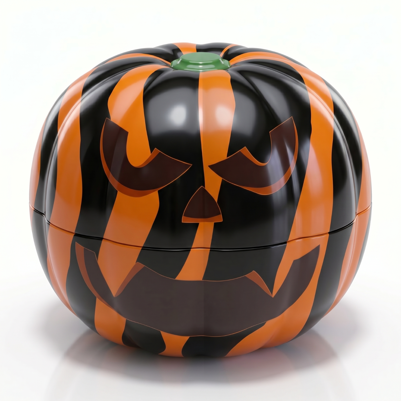 Reusable tin pumpkin in black and orange zebra print with a spooky pumpkin face, a plastic-free Swedish Halloween candy tin.