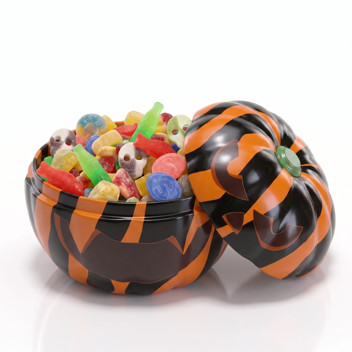 A Halloween-themed tin pumpkin with lid, decorated in a black and orange zebra striped pattern and a spooky pumpkin face. The open tin is filled with an assortment of colorful swedish gummy candies, skull-shaped sweets, and green gummy bears, set against a clean white background