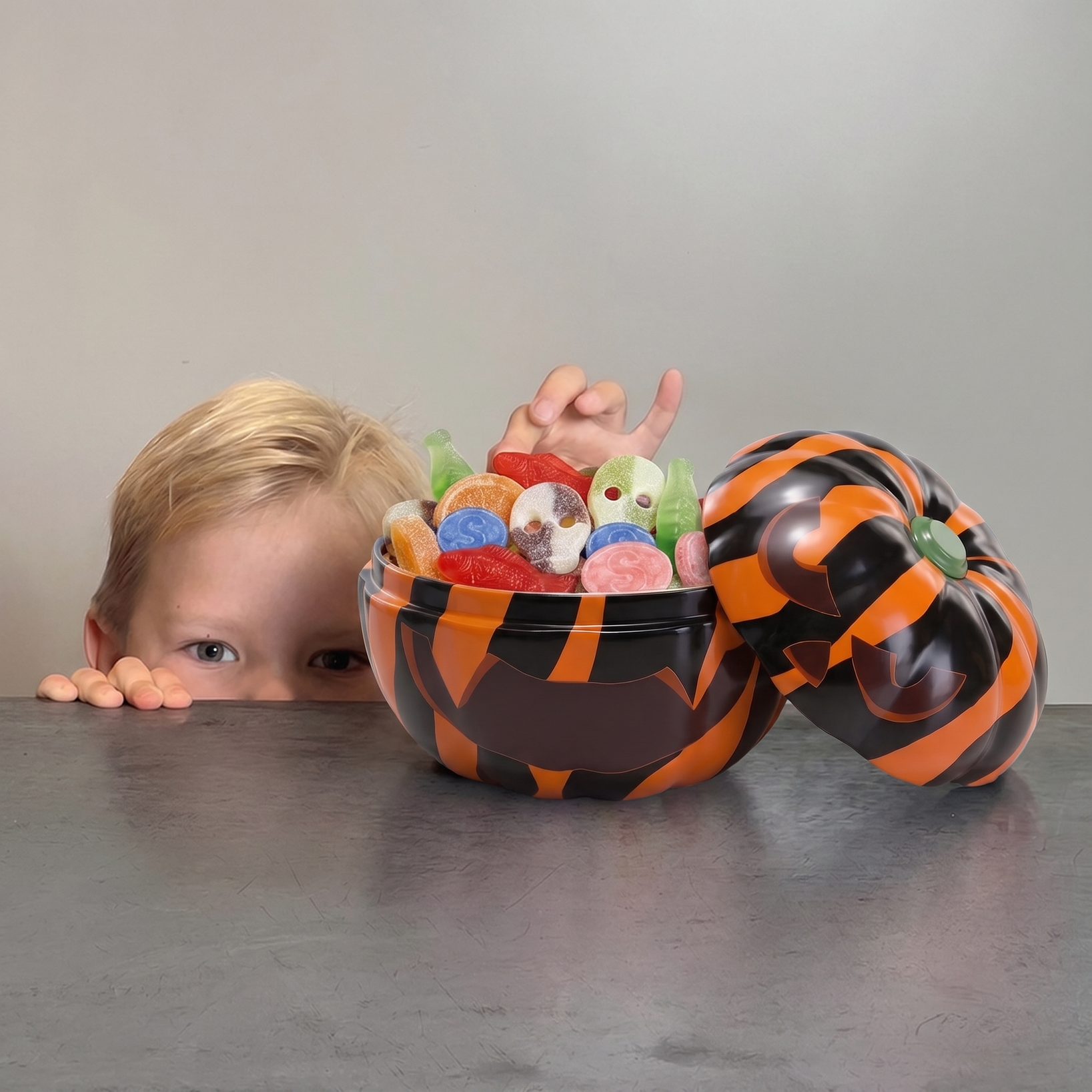 A child's face peeks over a gray table at a Halloween-themed tin pumpkin with the lid off. The tin is patterned with black and orange zebra stripes and a spooky halloween pumpkin face. It is filled with assorted colorful swedish gummy candies, including ghosts and fruit-flavored pieces.