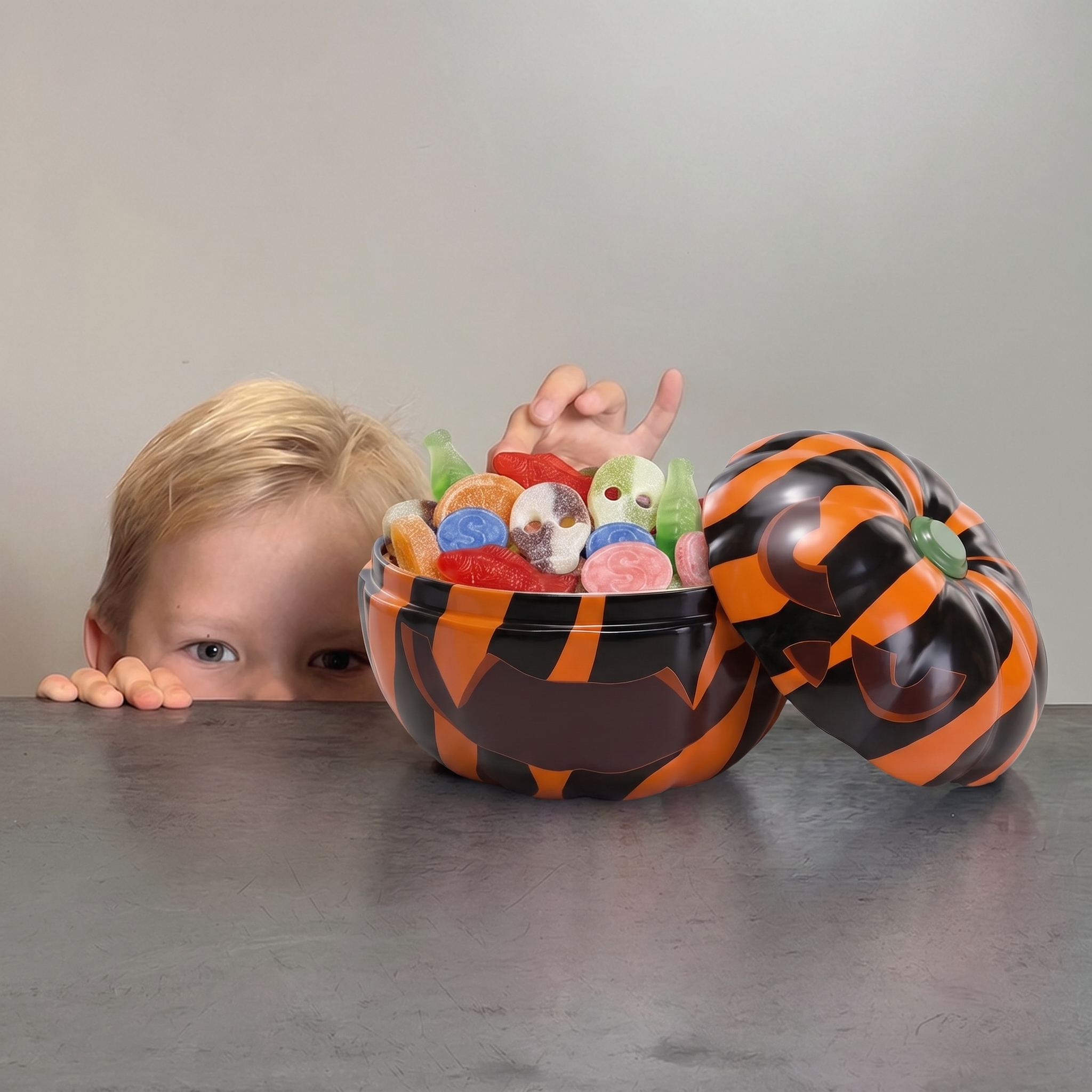 A child's face peeks over a gray table at a Halloween-themed tin pumpkin with the lid off. The tin is patterned with black and orange zebra stripes and a spooky halloween pumpkin face. It is filled with assorted colorful swedish gummy candies, including ghosts and fruit-flavored pieces.